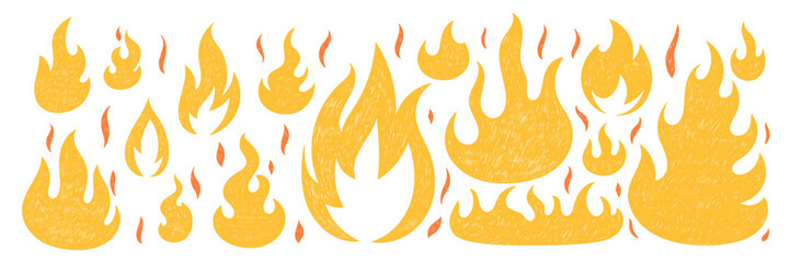 Set of hand drawn fire flames with crayon, pastel, chalk or pencil texture. Grunge elements in sketch style. Yellow vector illustration on a white background. © Arina