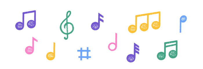 Set of hand drawn music notes with crayon, pastel or chalk texture. Cute doodle elements for kids or decorations. Color vector illustration on a white background.