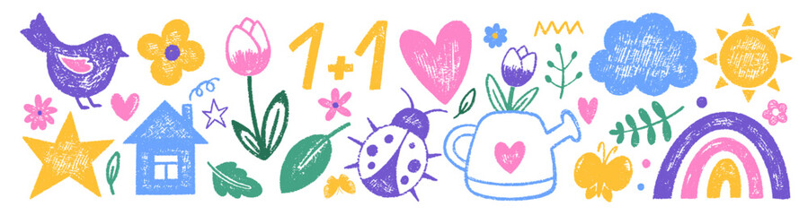 Set of doodle elements with texture of crayon, pastel or chalk. Color scribble illustration of flower, cloud, star for kids isolated on a white background. © Arina