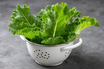 Fresh Kale Leaves in a White Colander on a Gray Background