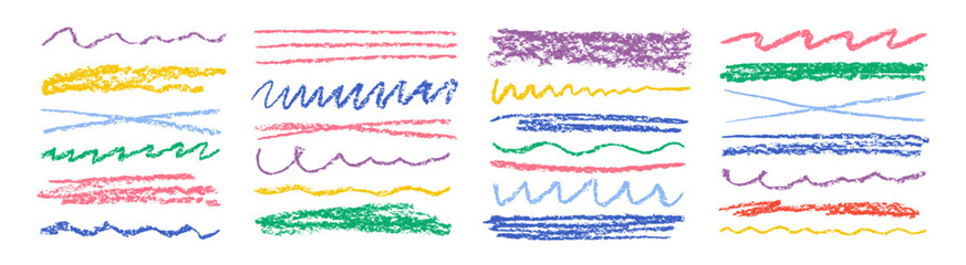 Chalk lines, charcoal highlight strokes doodle set. Kids hand drawing doodle charcoal squiggles, chalk curly lines. Grunge color vector illustration isolated on a white background.