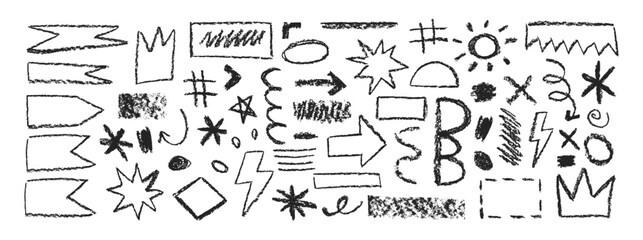 Obraz premium Set of y2k shapes with hand drawn texture of crayon, pastel or chalk. Sun, star, crown and arrow in sketch style. Black vector illustration on a white background.