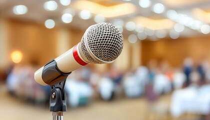 Close-Up View of Microphone on Stand in Conference Room Setting