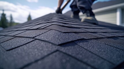 Roofing specialist nailing asphalt shingles on a residential house. Featuring precise alignment and durable installation