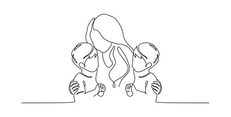 One line drawing of Happy Mother's Day, a mother hugging her two children
