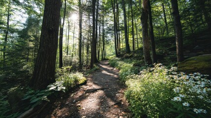 Obraz premium Sunlit Forest Path: Serene Woodland Trail with Blooming Wildflowers