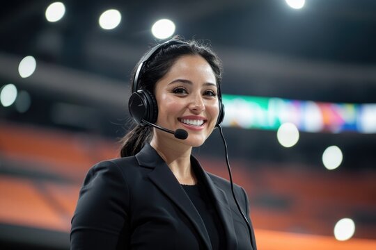 Smiling sports commentator in headset, ready to engage with audi