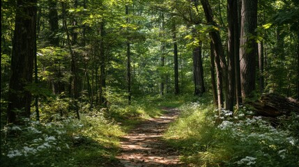 Obraz premium Forest Path: Sun-Dappled Trail Through Lush Green Woods