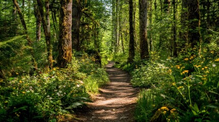 Fototapeta premium Sunlit Forest Path: A Serene Woodland Trail