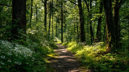 Obraz premium Sunlit Forest Path: A Serene Green Landscape