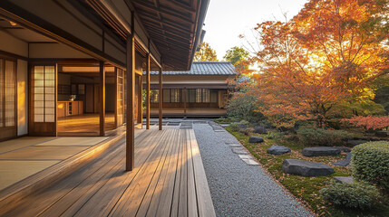 Zen style Japanese house with open wooden hallway and serene garden