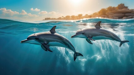 Obraz premium Two dolphins swimming in clear blue ocean water with sunlight streaming through the surface
