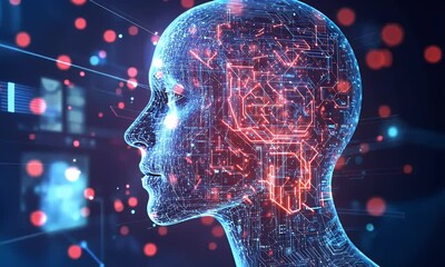 AI digital brain, futuristic tech, data stream background, website header - Powered by Adobe