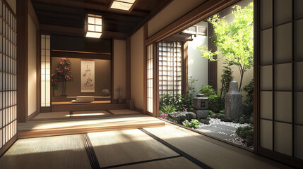 Obraz premium Japanese style house with natural materials and serene garden view