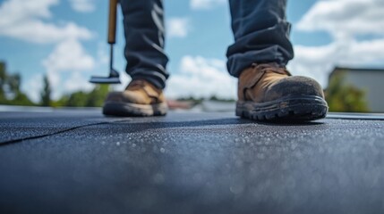 Roofing technician repairing a flat roof on a commercial building. Featuring roof repairs