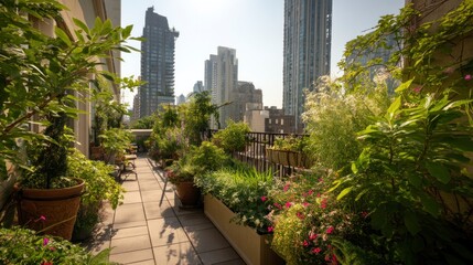 Fototapeta premium Urban Rooftop Garden: Serene Oasis Amidst City Skyline