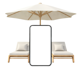 Smartphone mockup with sunbeds and beach umbrella, isolated on transparent cutout background