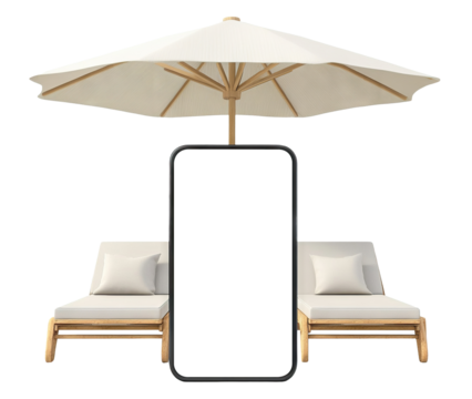 Smartphone mockup with sunbeds and beach umbrella, isolated on transparent cutout background - Powered by Adobe