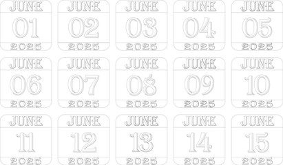 June calendar 2025 line art icon set .Calendar Event schedule date.calendar date icon on white background.Agenda plan, june month schedule calendar and Time planner.Meeting appointment time.
