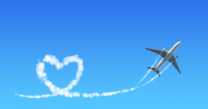 Horizontal background with aircraft. Airplane drawing a heart in sky. Jet flight route of aircraft in shape of a heart in blue sky. Topic of summer holiday, travel, trip abroad on vacation