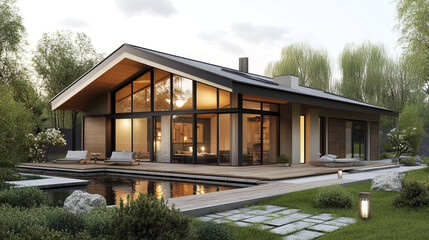 Fototapeta premium Modern house with large windows and garden, featuring serene atmosphere