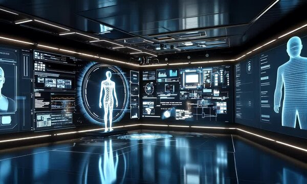 Futuristic medical scan, holographic human body analysis, dark room, digital interface - Powered by Adobe
