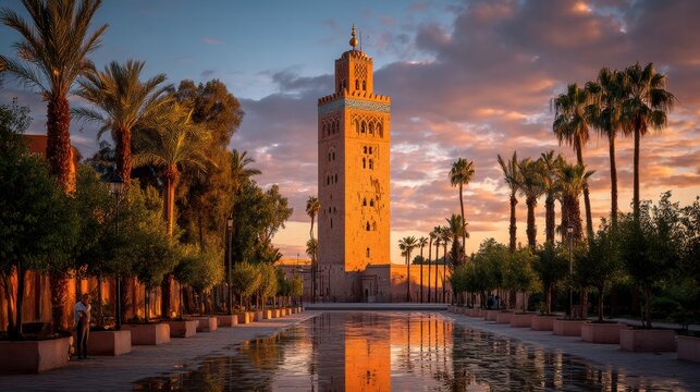 At sunset, Koutoubia Mosque stands tall in Marrakech, surrounded by palm trees and reflecting in the tranquil waters of the gardens. The sky glows with vibrant colors