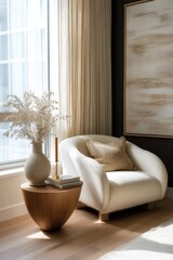 a neutral toned organic modern living room corner with a cozy white armchair