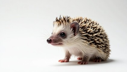 Obraz premium Close-up of a solitary hedgehog against a bright white backdrop, isolated, texture