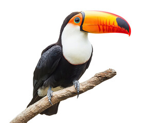 Fototapeta premium Colorful toucan bird perched on branch, isolated on transparent cutout background