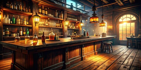 Rustic Western saloon bar: cinematic close-up architectural photography captures detailed textures and aged wood.