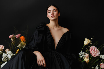 Fashion model posing in elegant black dress amidst colorful flowers