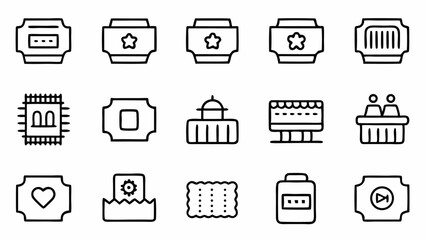 Event and ticket themed outline icons drawn with a sleek line design perfect for use in mobile booking apps event calendars or entertainment interface design