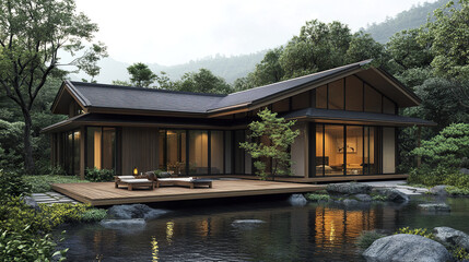 Fototapeta premium Japanese style house with natural materials and serene surroundings