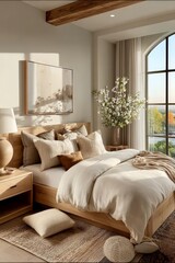 a serene organic modern bedroom in a soft neutral color theme