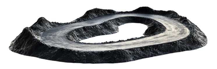 Curved asphalt road loop with rocky edges, isolated on transparent cutout background