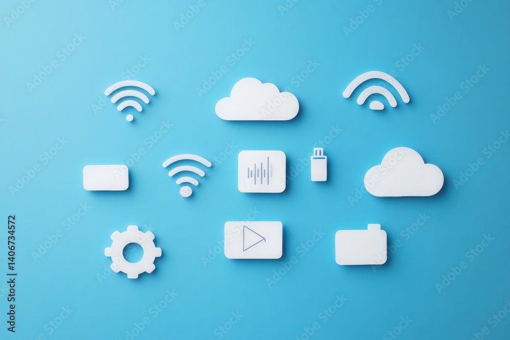 Poster tech pictogram stickers featuring wifi, cloud, and gear symbols on a blue background for digital and