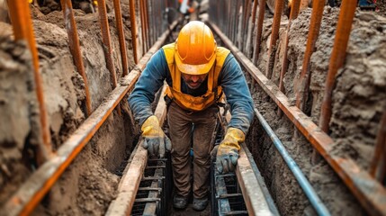 Shoring technician installing temporary supports at a trench construction site. Featuring safety and stabilization