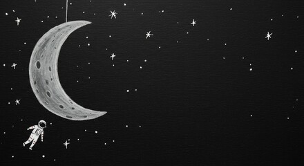 Naklejka premium Astronaut floating towards crescent moon in starry night sky