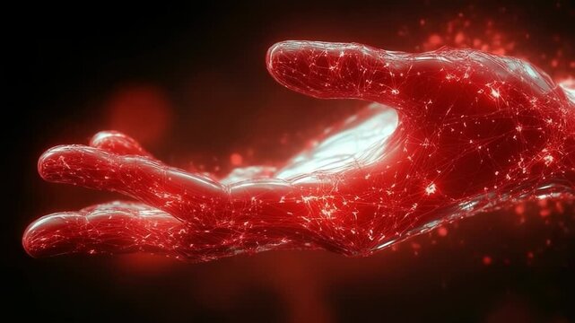 Red nanobots regenerating a human hand, with part of the hand without skin shown, demonstrating advanced medical technology for tissue repair and regeneration in a futuristic medical concept.