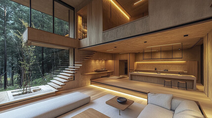 Fototapeta premium Modern Japanese style house with natural wood materials and large windows