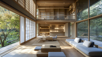 Fototapeta premium spacious Japanese style house with natural wood materials and large windows
