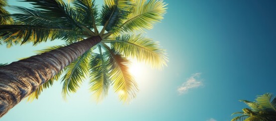 Fototapeta premium Tropical Paradise: A Low-Angle View of Palm Trees Reaching for the Sun