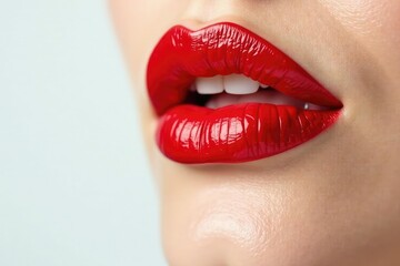 Obraz premium Close-up vibrant red lipstick, pristine white backdrop, red, glossy