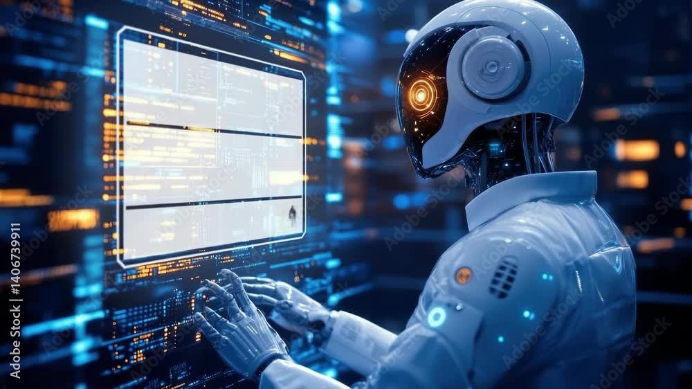 Poster futuristic humanoid robot working on multiple high-tech computer screens in a modern ai research cen