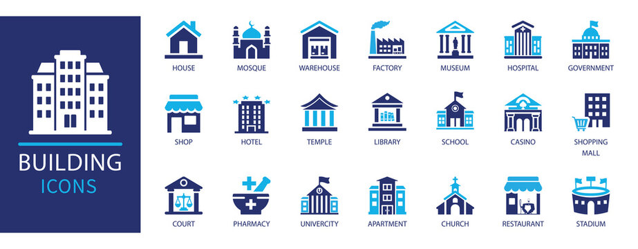 Building icon set. Featuring house, hospital, mosque, school, court, library, hotel, factory, pharmacy, and government flat vector icons. Ideal for city, real estate, and urban planning projects.