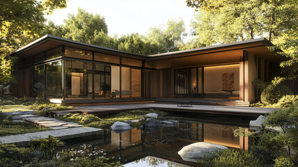 modern Japanese style house with natural materials and serene surroundings