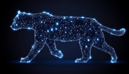 Fototapeta premium Glowing Polygonal Structure of a Walking Panther, Abstract Technology and Wild Animal Concept.