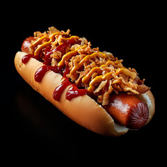 photo of a juicy hot dog with fried sausage, ketchup, mustard and fried onions