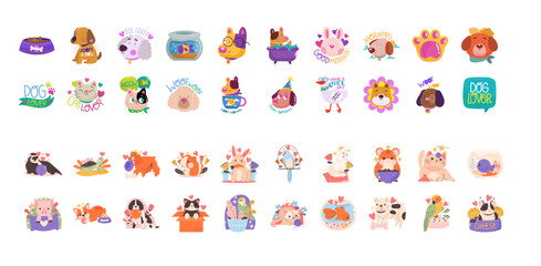Collection of vector illustration of pets like Dog, Cat, Rabbit, Hamster, Guinea Pig, Parrot, Turtle, Goldfish, Ferret, Chinchilla, Gerbil, Lizard, Snake, Frog, Canary, Cockatiel, Hedgehog, Koi Fish, 
